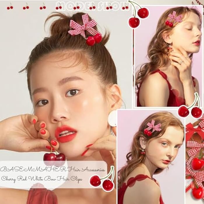 BASEMMAHER 8 Pcs cherry Bow Hair Clips Hair Accessories Red White Bow Hairpin Alligator Hair Barrettes Plaid Bows Clips for Women Girls Christmas Party Hair Decoration - Image 4
